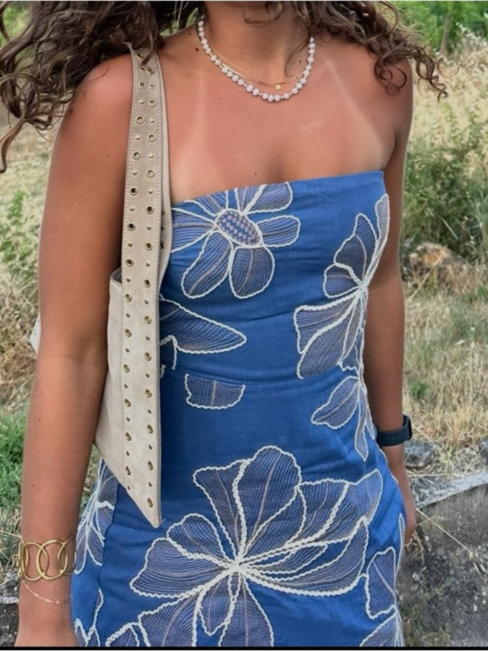 Anthropologie Flat White Blue Strapless Mini Dress with Cream Textured Florals